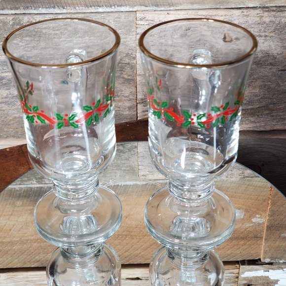 Libbey Irish Coffee Mugs - Green & Red Holly - Red Ribbon - Price for Pair - Picture 5 of 8